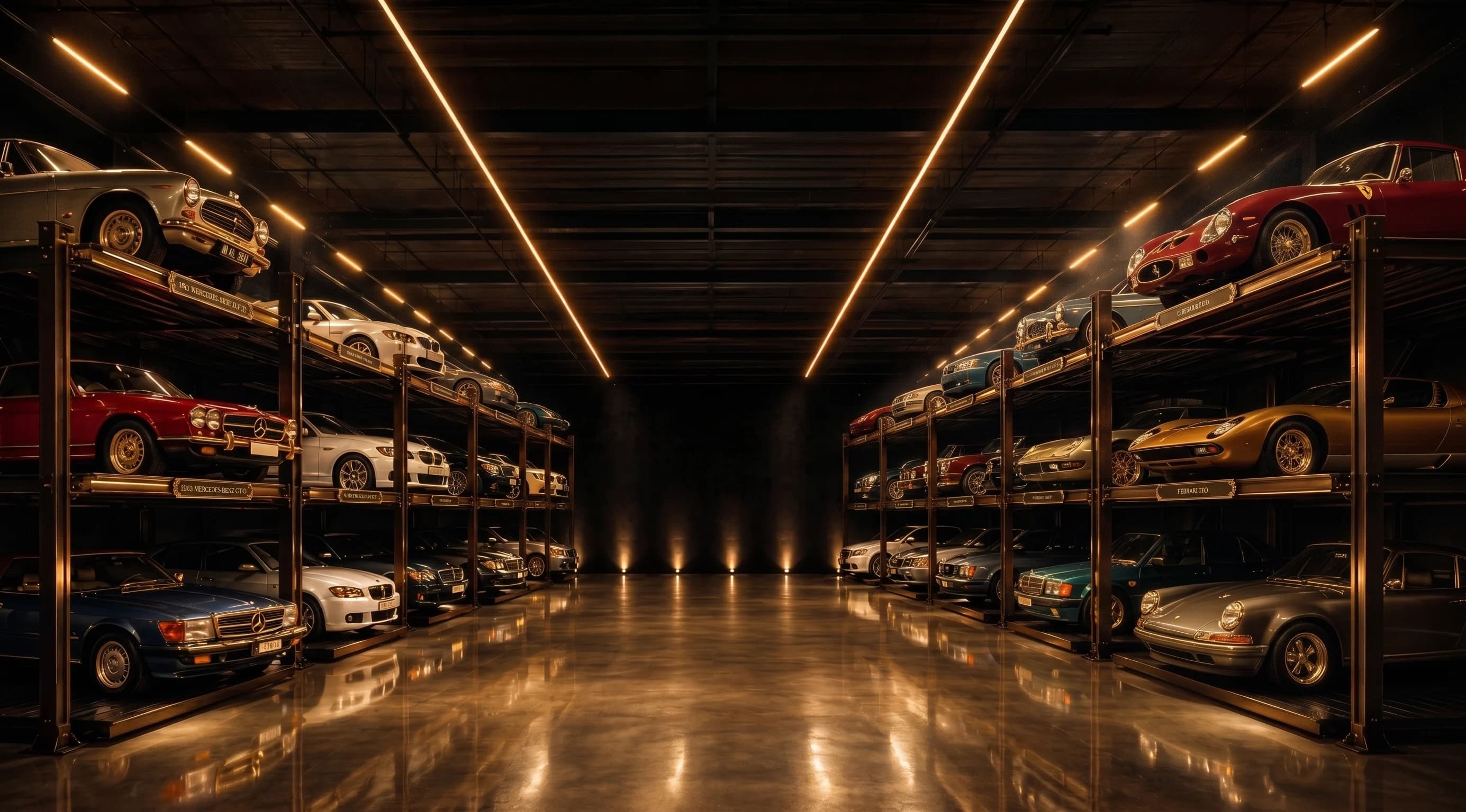 Vehicles held on lifts inside the Full Stop Garage facility