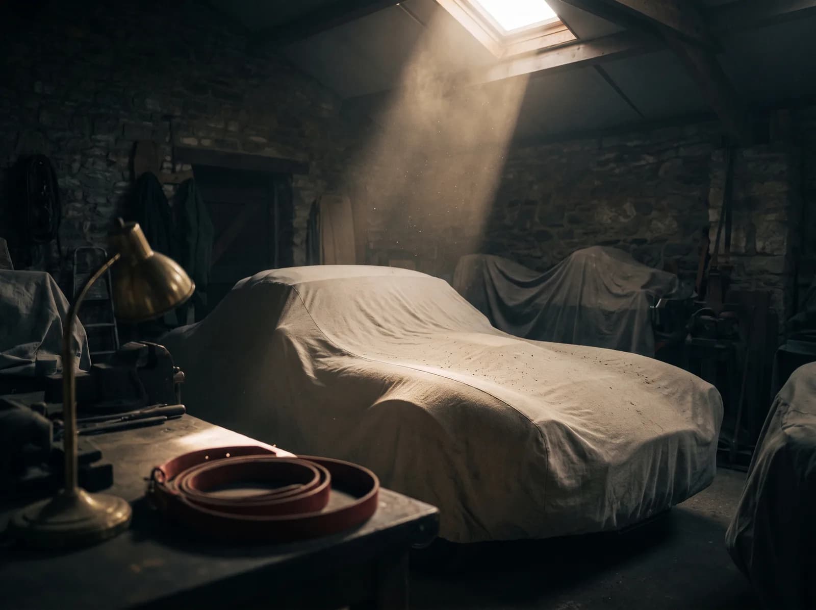 A car under a fitted dust cover in a dim garage, dust drifting through a single shaft of light