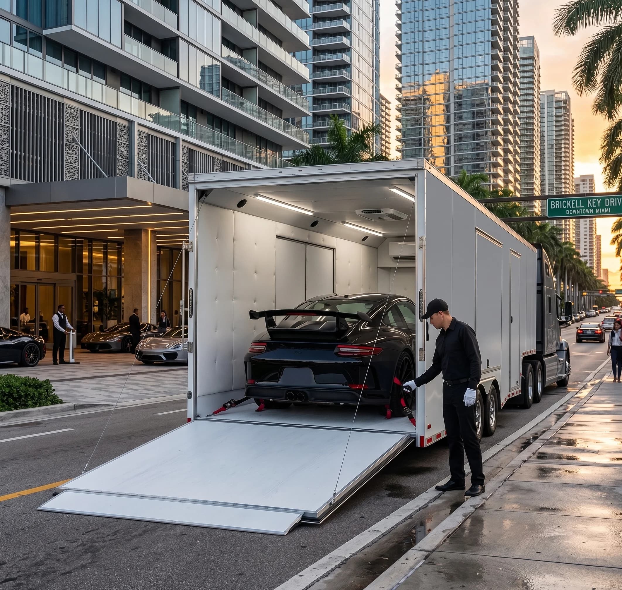 An enclosed transporter with its ramp down on a Miami street, a car being walked aboard