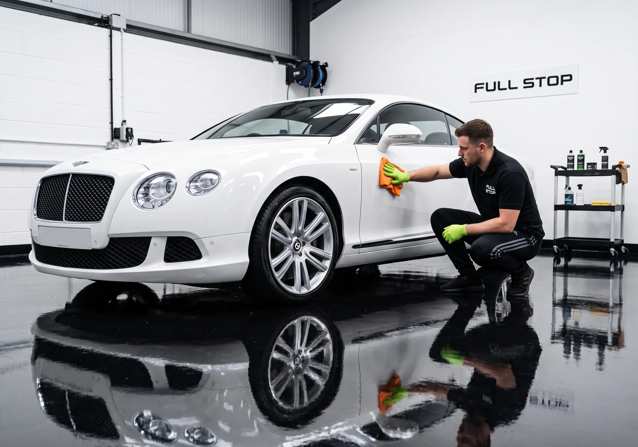 A Full Stop Garage technician hand finishing a white Bentley in the detailing bay