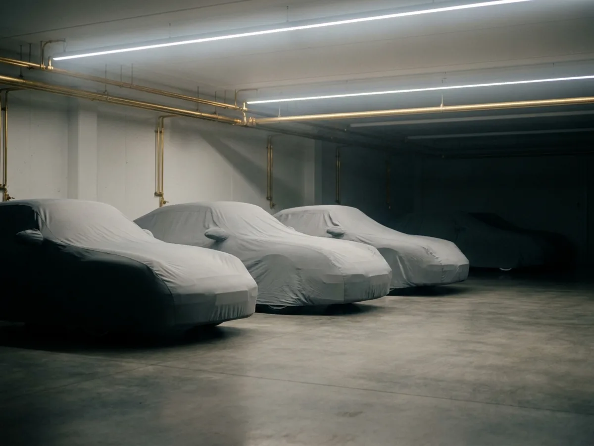 A row of cars under fitted dust covers, still and evenly lit, in a quiet climate-controlled hall