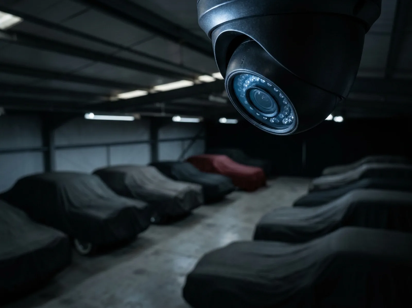 A security camera overlooking a row of covered cars